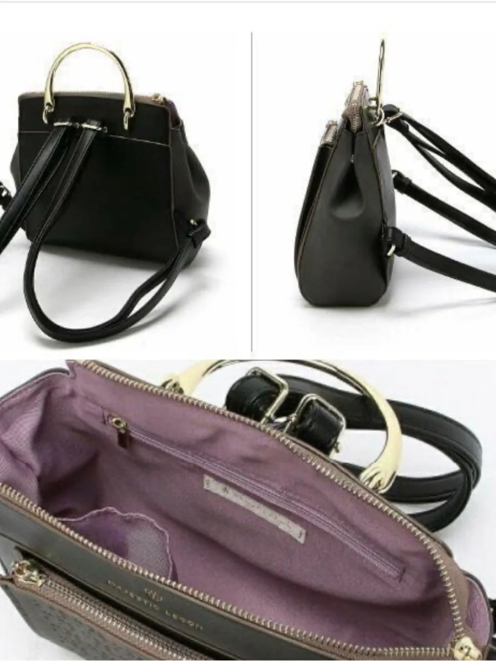 Majestic Black & Gray Perforated Backpack Handbag with Gold Handle